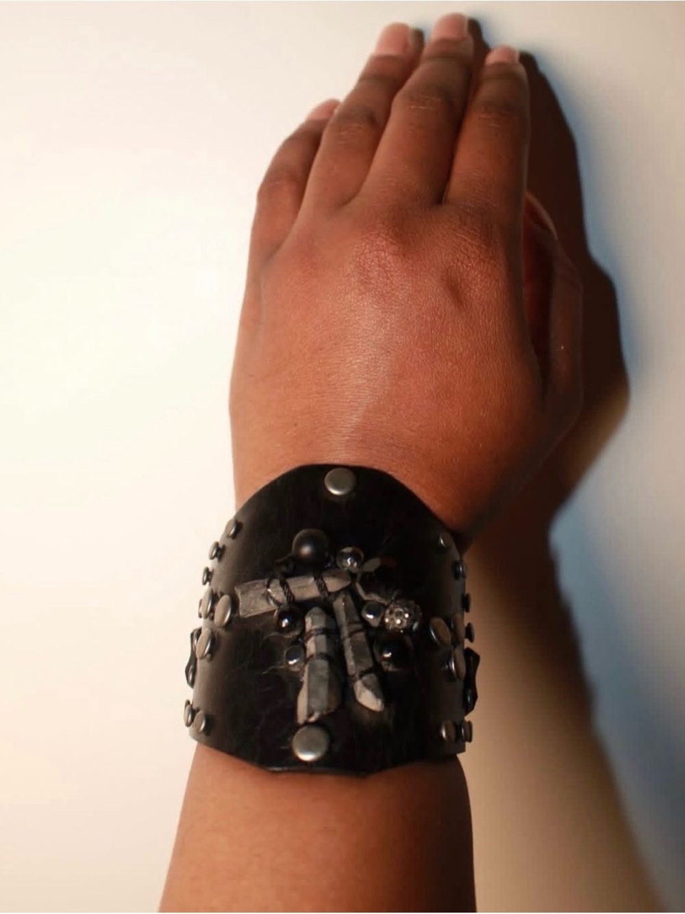 Black Leather Studded Cuff Bracelet with Cross Accent